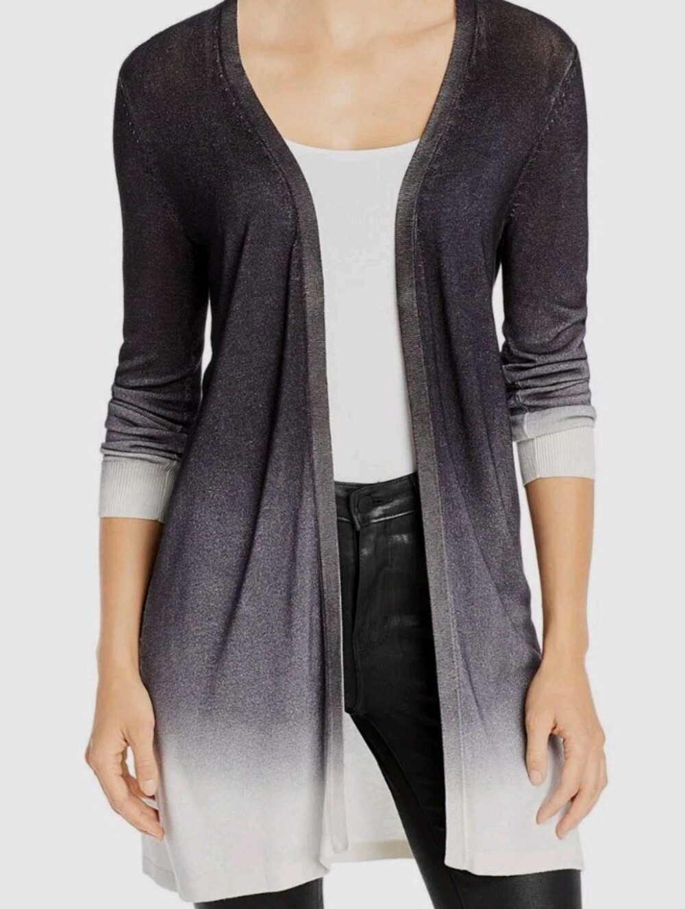 Kobi Halperin Long Open-Front Ombre Cardigan Sweater Black to White Sz Xl